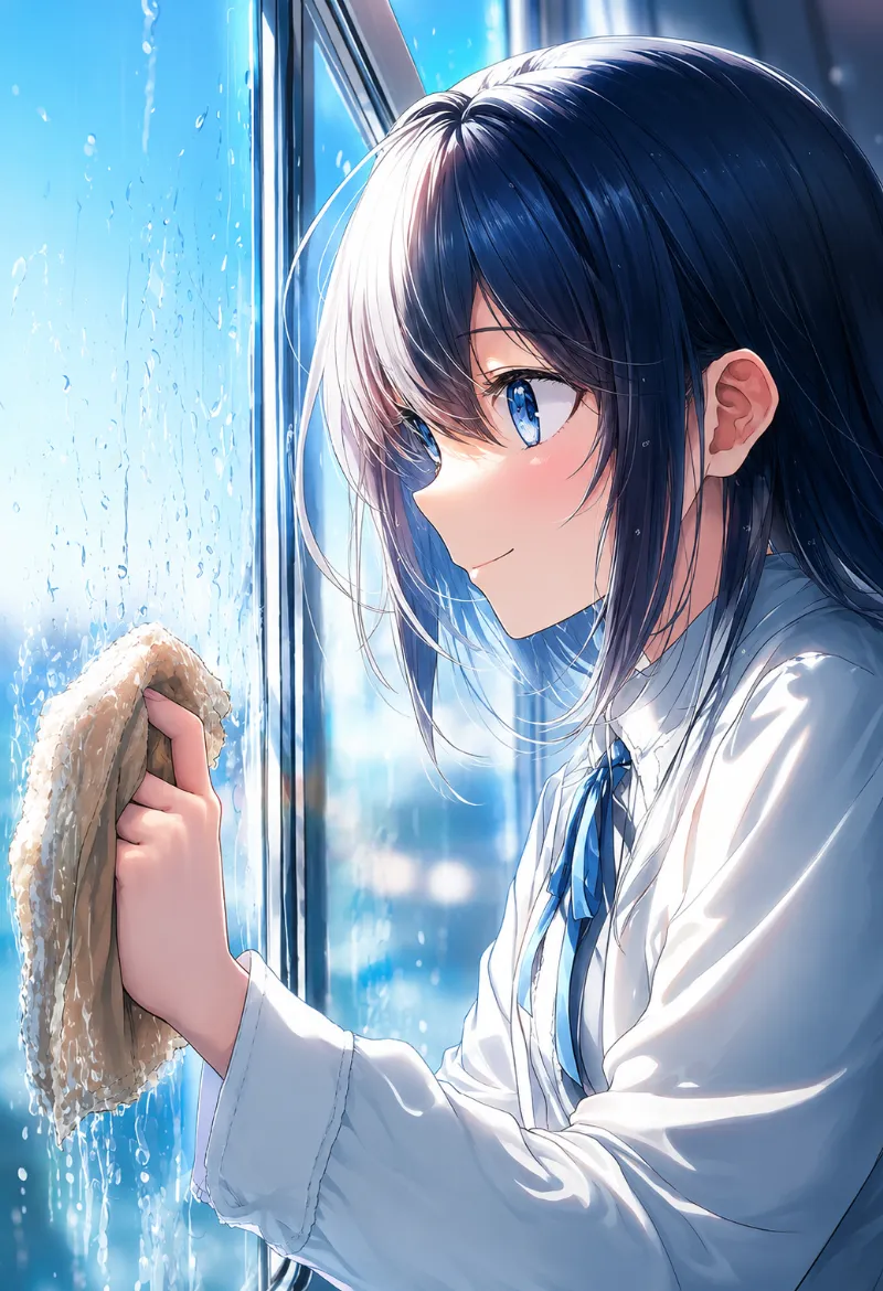 窓拭きをする美少女のAIイラスト作例（真横からのアングル）
