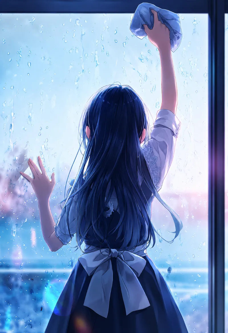 窓拭きをする美少女のAIイラスト作例（真後ろからのアングル）