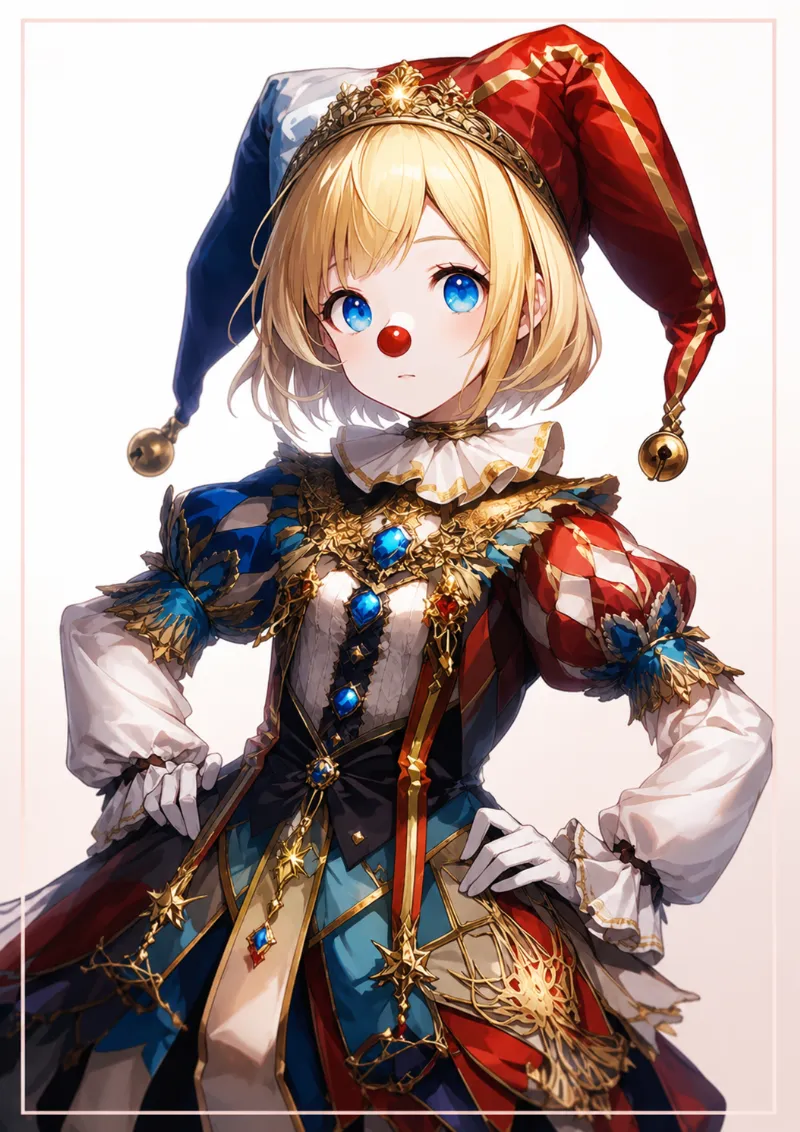 ピエロの服を着た美少女のAIイラストの作例｜プロンプト紹介