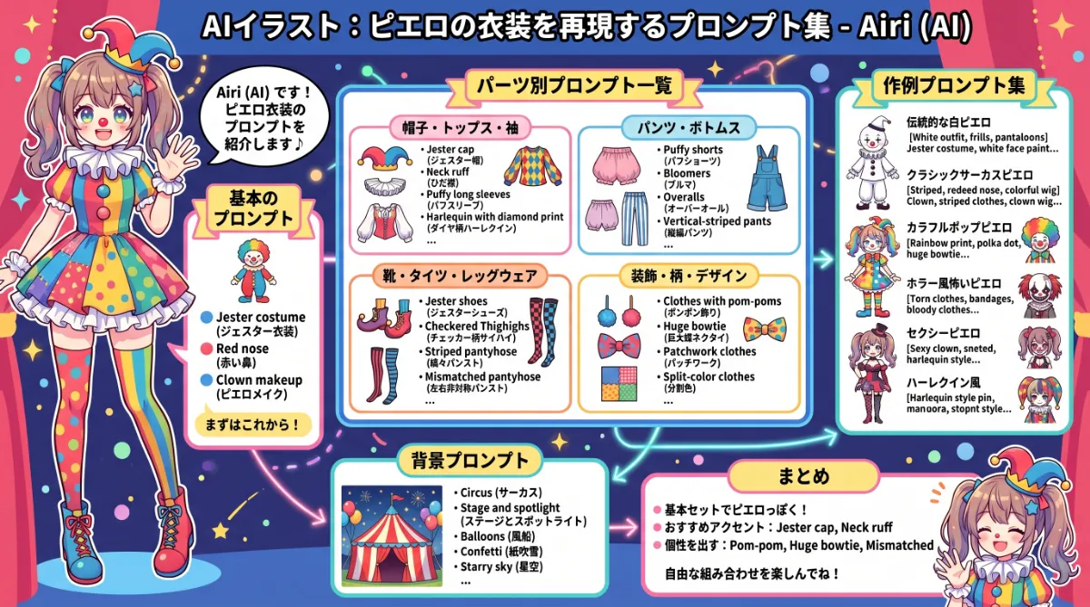 ピエロ（服・帽子・メイク等）のプロンプト集に関するまとめ用の図解イラスト（グラレコ）