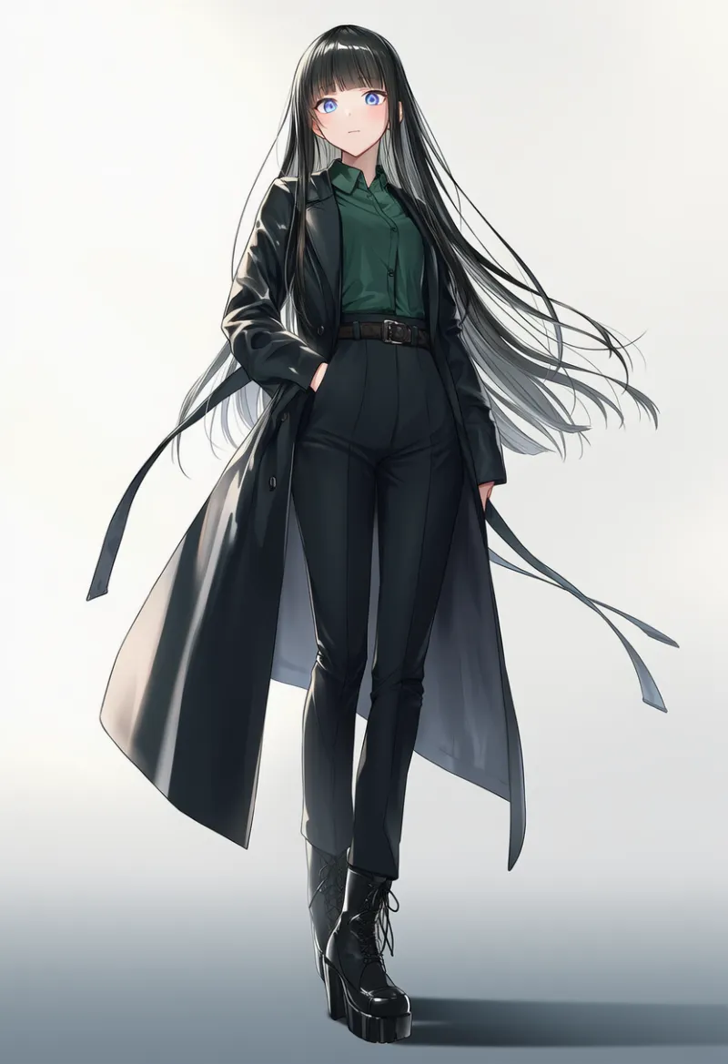 かっこいい服を再現したAIイラスト｜black long coat, dark green dress shirt, belt, black high-waist pants, platform boots,