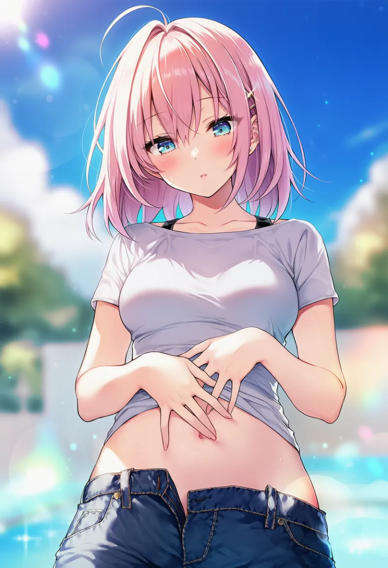 へそを隠す・覆う仕草のAIイラスト｜プロンプト紹介