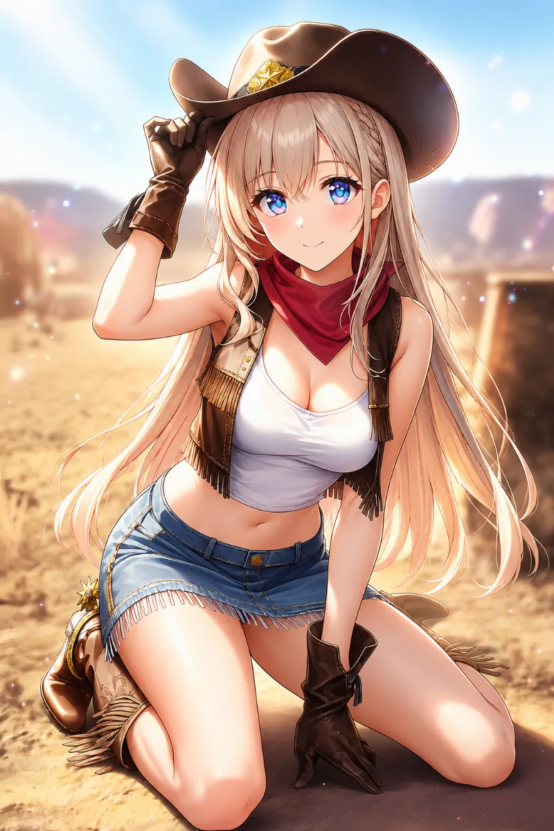 カウボーイ（カウガール）のファッションを着た美少女AIイラストの作例