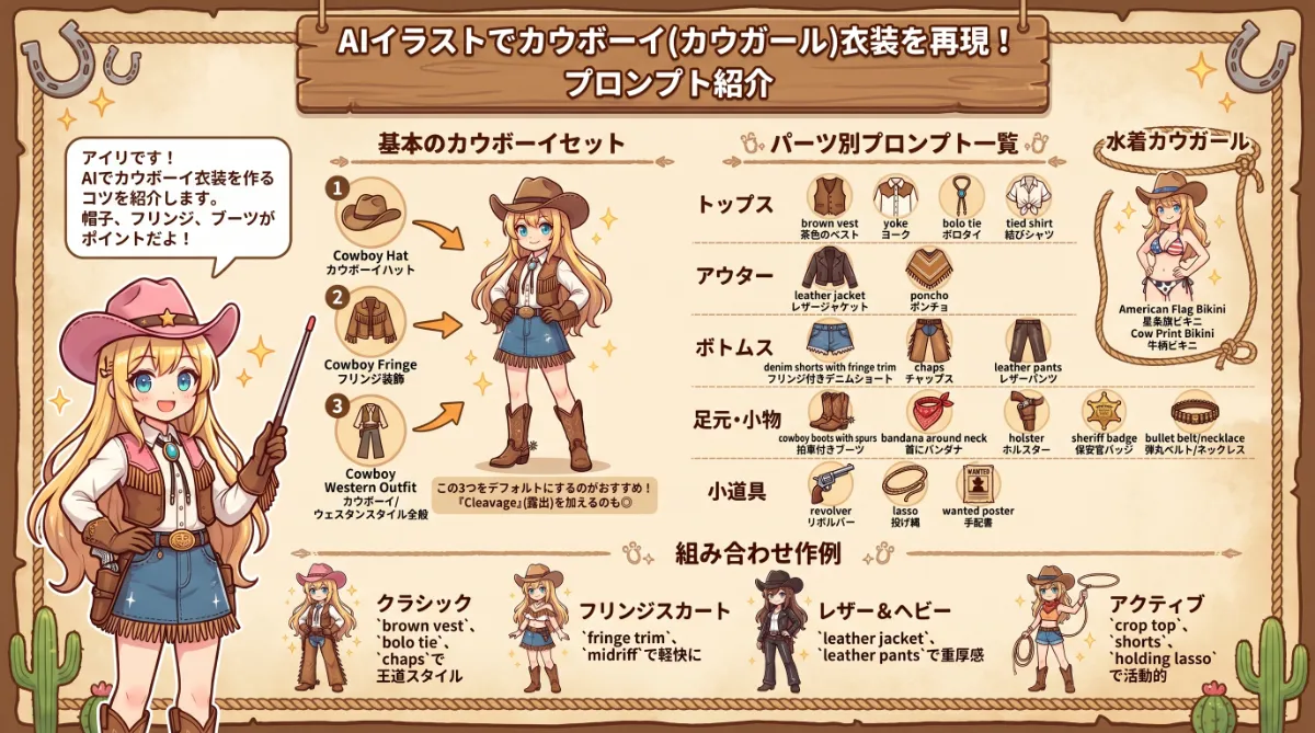 カウボーイの服装のプロンプト集【AIイラスト】のまとめ用の図解イラスト（グラレコ）
