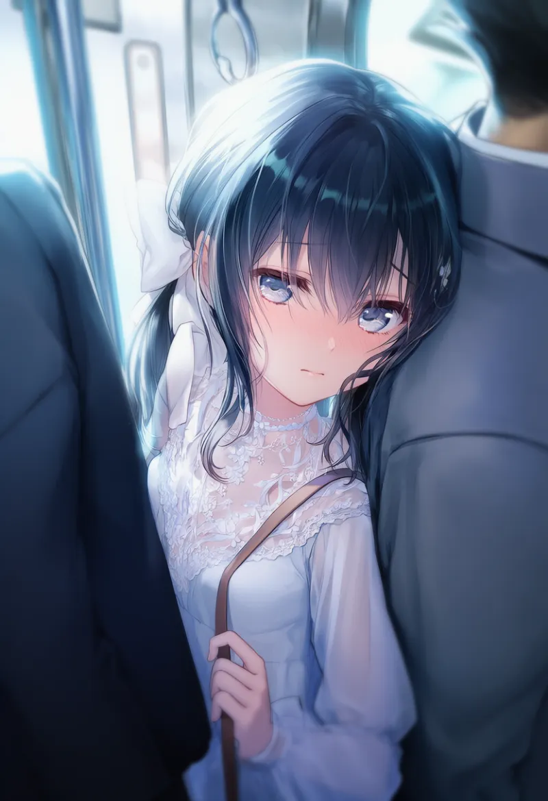 満員電車に閉じ込められて乗客に挟まれるシーンのAIイラスト｜プロンプト紹介