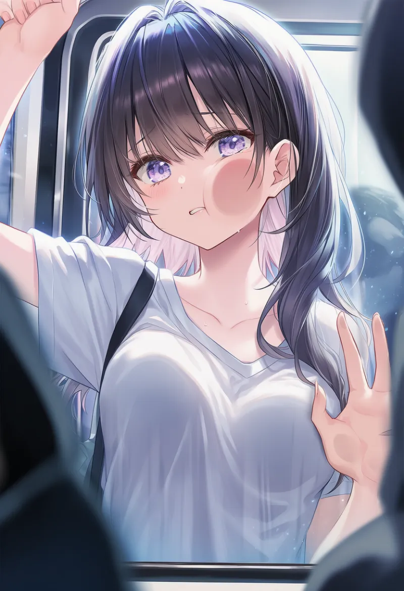 満員電車に閉じ込められて満員電車でガラスドアに押し付けられるシーンのAIイラスト｜プロンプト紹介