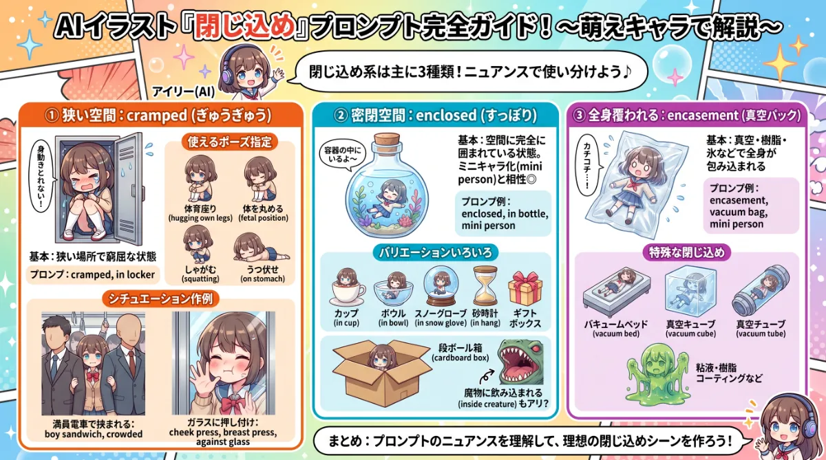 閉じ込められるプロンプト集（狭い空間など）【AIイラスト】のまとめ用の図解イラスト（グラレコ）