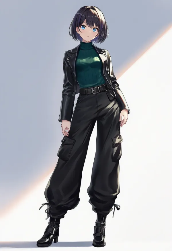 緑色のアクセントのあるかっこいい服のAIイラスト作例