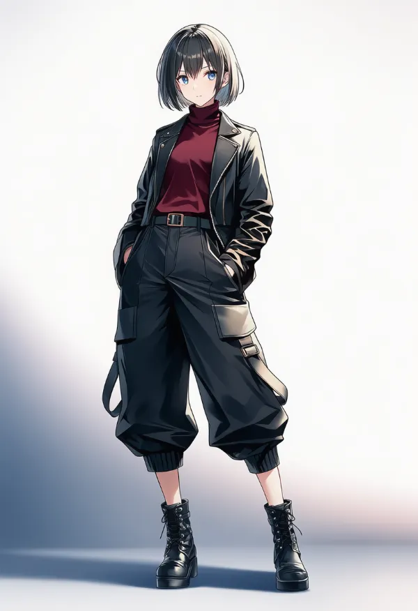 赤色のアクセントのあるかっこいい服のAIイラスト作例