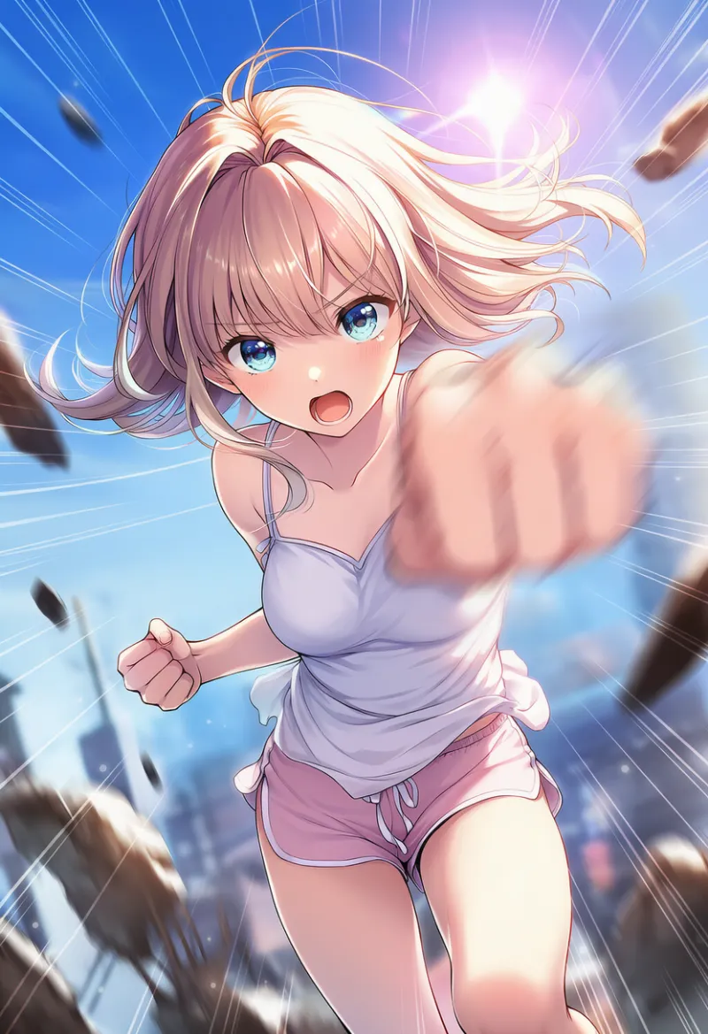 キャラクターがパンチして破片が飛び散っているシーンのAIイラスト作例