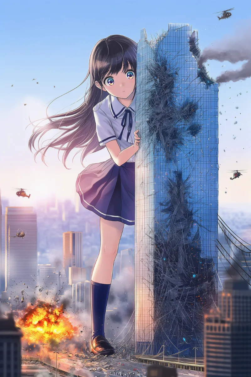 巨人キャラがビルに寄りかかり、街を破壊するシーンのAIイラスト作例｜プロンプト