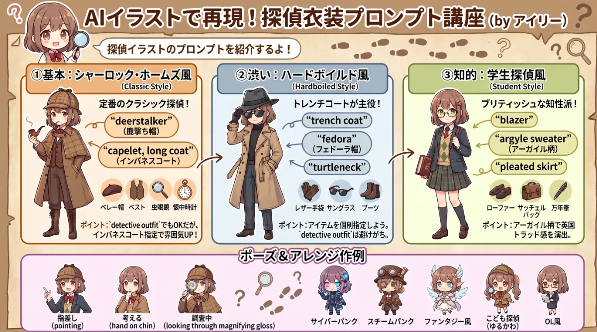 探偵の衣装のプロンプト集【AIイラスト】のまとめ用の図解イラスト（グラレコ）