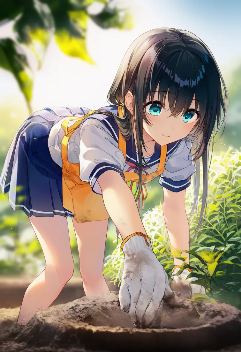 土を掘る仕草のAIイラスト（ガーデニング）｜プロンプト紹介