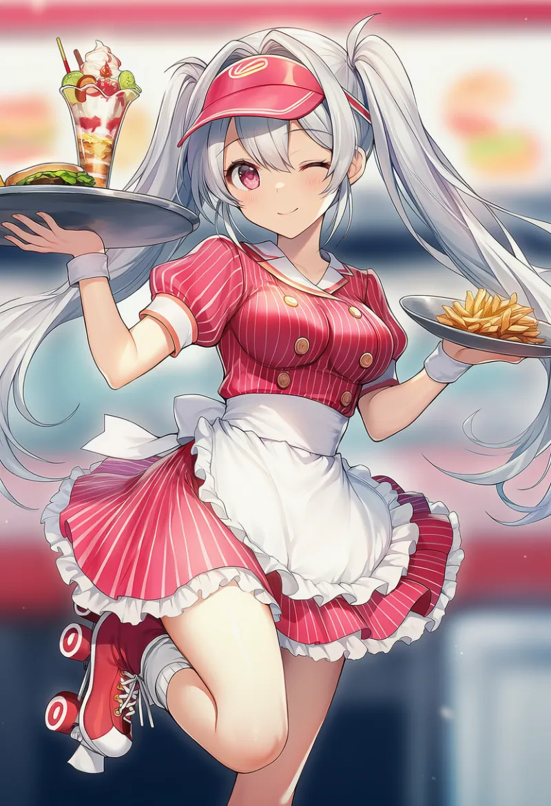 アメリカンダイナー風衣装を着た美少女のAIイラストの作例