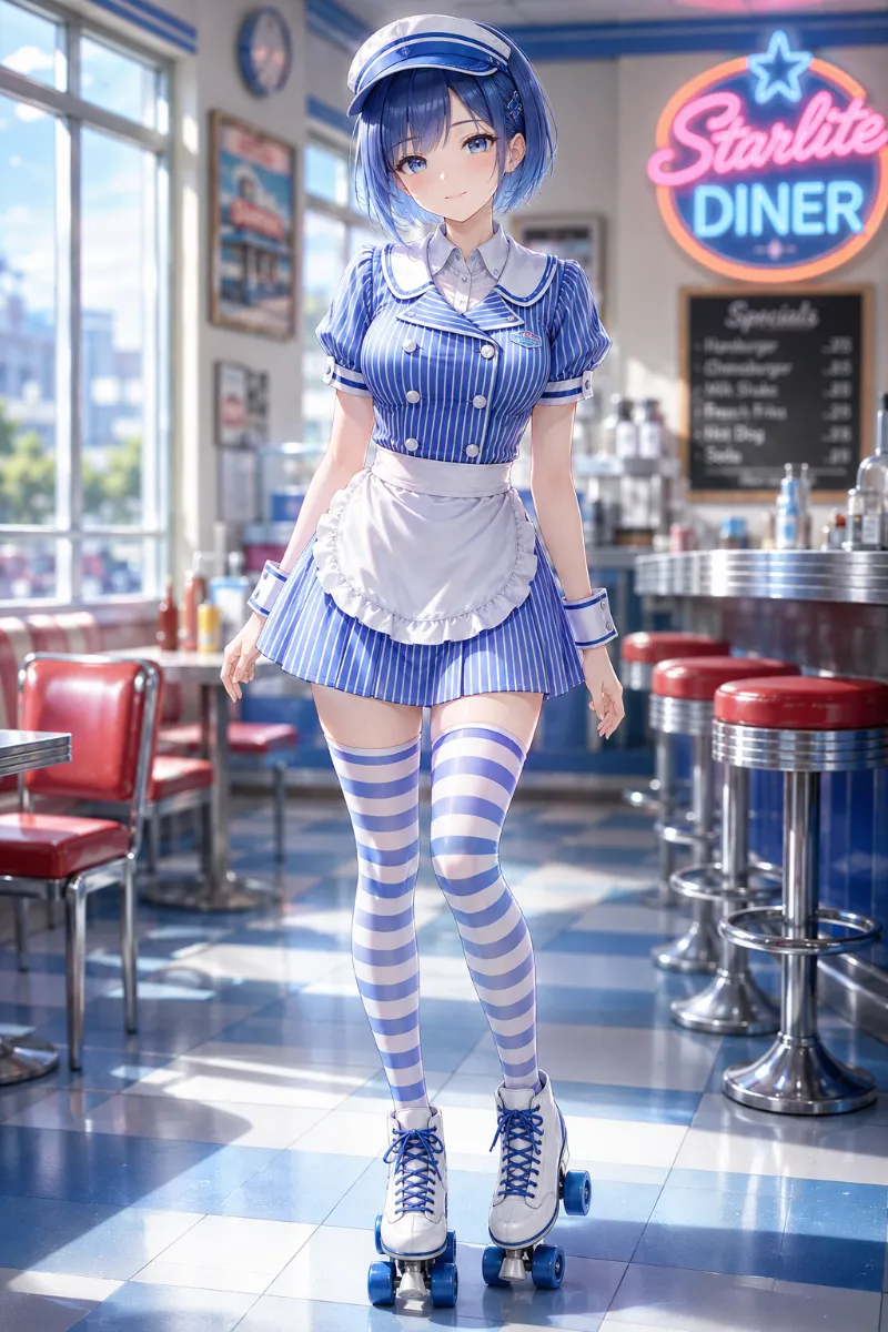 GPT Image 2.0の生成例｜ブルーストライプのダイナー衣装