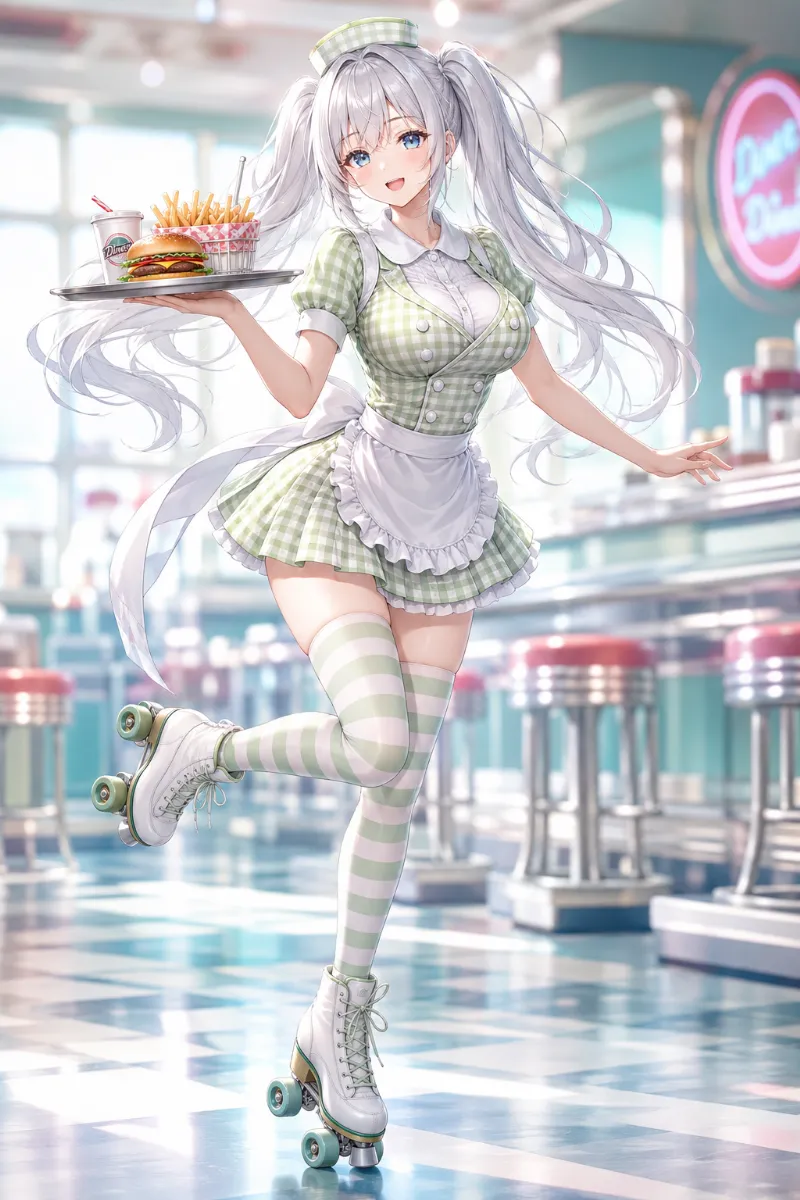 GPT Image 2.0の生成例｜グリーン×チェックのダイナー衣装（レトロ可愛い系）