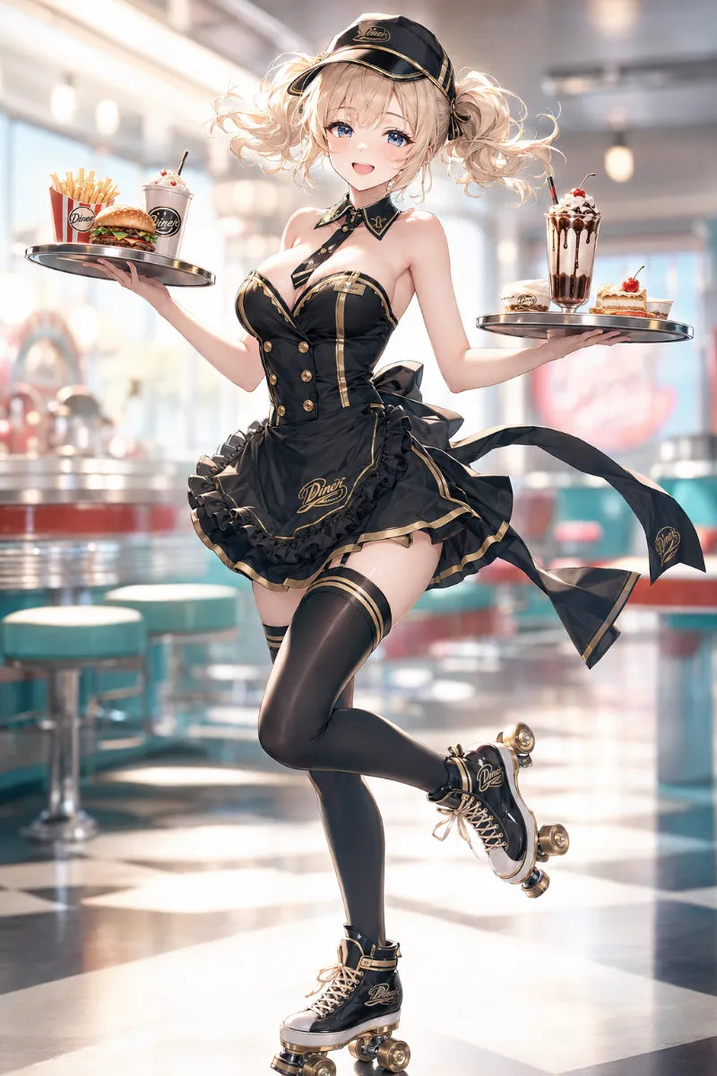GPT Image 2.0の生成例｜ブラック×ゴールドのダイナー衣装（高級ダイナー風）