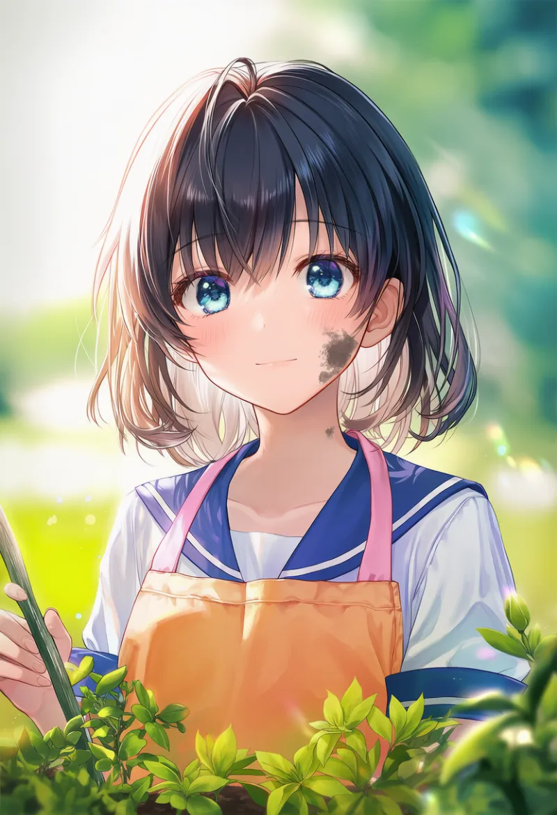 汚れた顔のAIイラスト（ガーデニング）｜プロンプト紹介