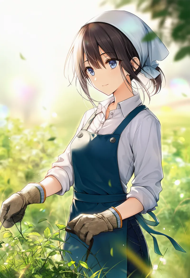 袖捲りしたシャツとエプロンのAIイラスト（園芸用の服装）｜プロンプト紹介