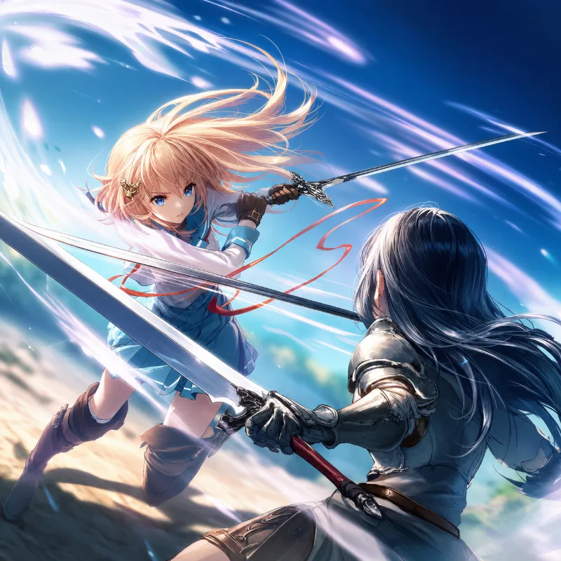 NovelAIで生成した決闘シーンのイラストをGPT Image 2で高品質化した作例