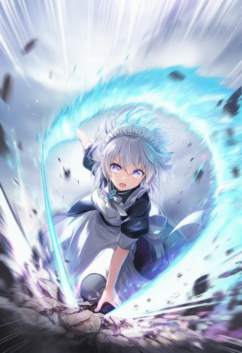 オーラを纏ったキャラクターの衝撃波で地面が砕け散りるエフェクトを再現したAIイラストの作例