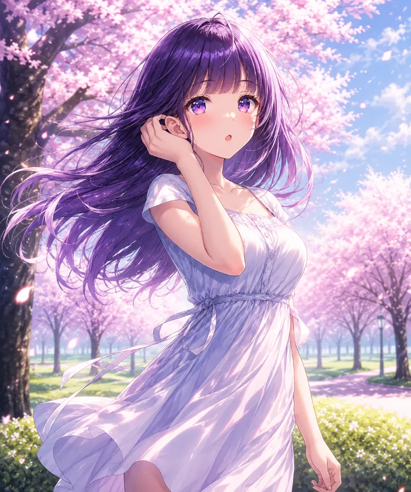桜並木道でびっくり顔｜顔文字プロンプトを使用したAIイラスト作例