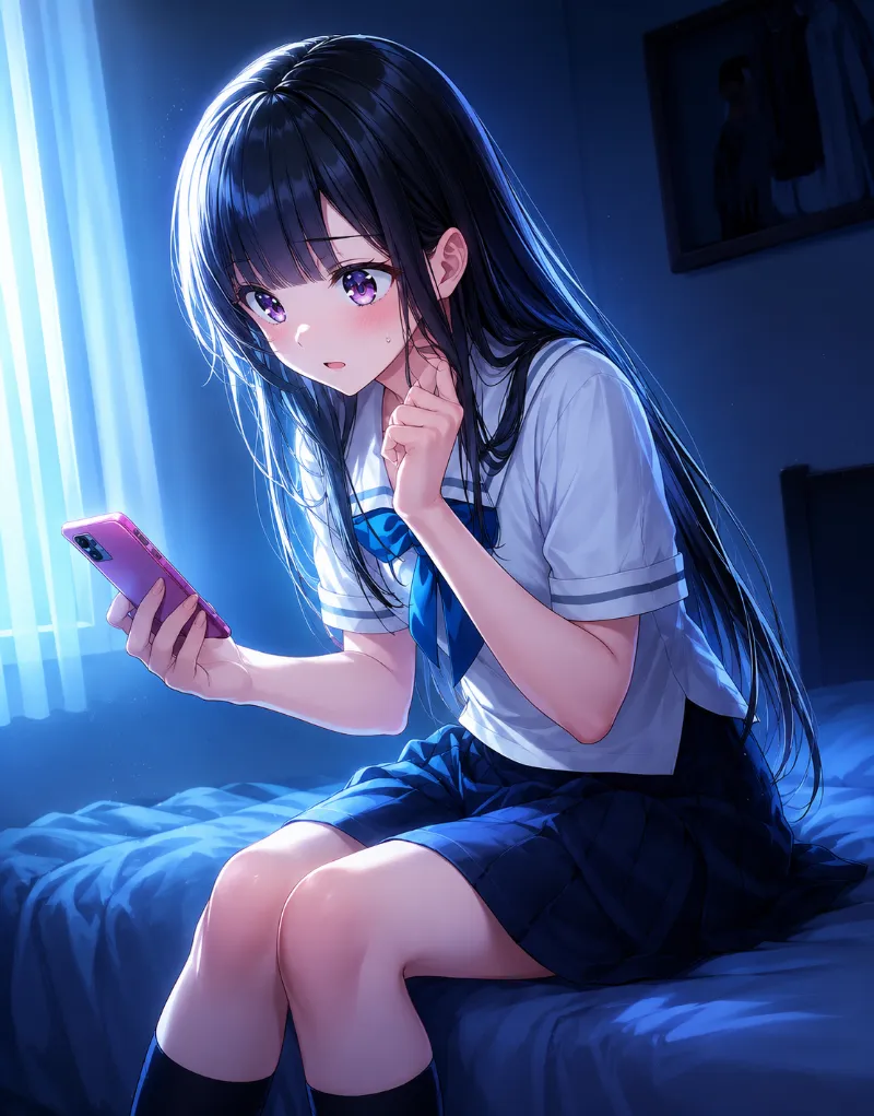スマホを見て呆れ顔｜顔文字プロンプトを使用したAIイラスト作例