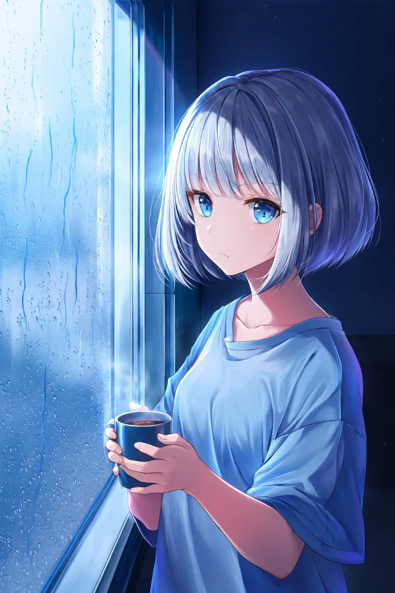 雨の日の窓辺で物思い顔｜顔文字プロンプトを使用したAIイラスト作例