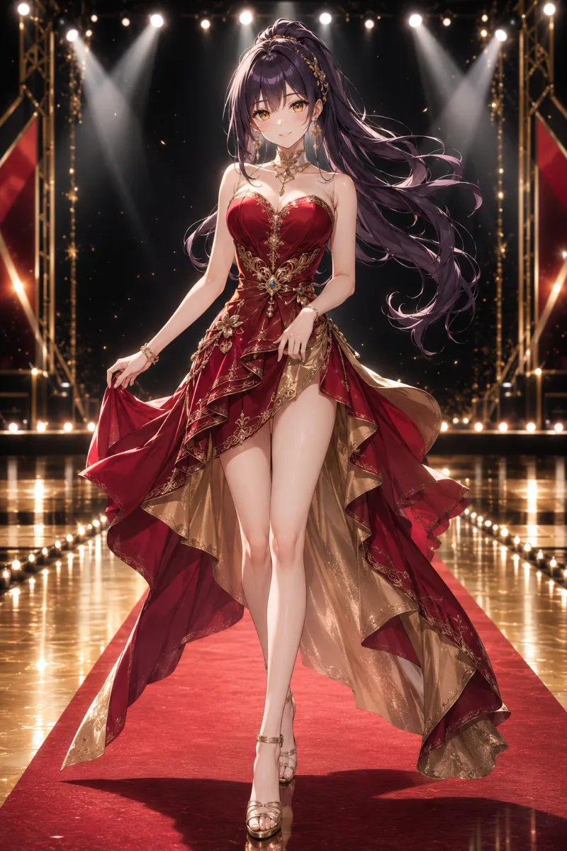 ゴールドカーペットのラグジュアリーランウェイのAIイラスト｜ファッションショーのプロンプト紹介