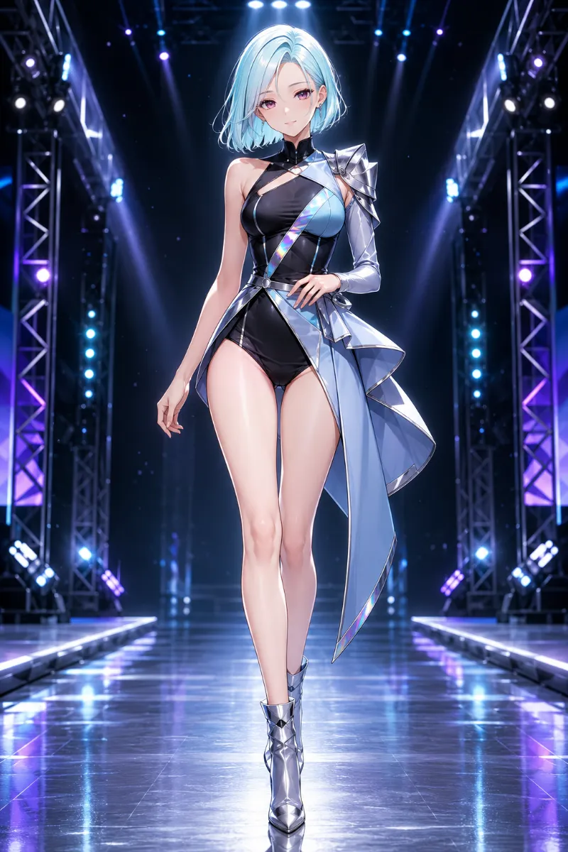 シルバー反射床のメタリックランウェイのAIイラスト｜ファッションショーのプロンプト紹介