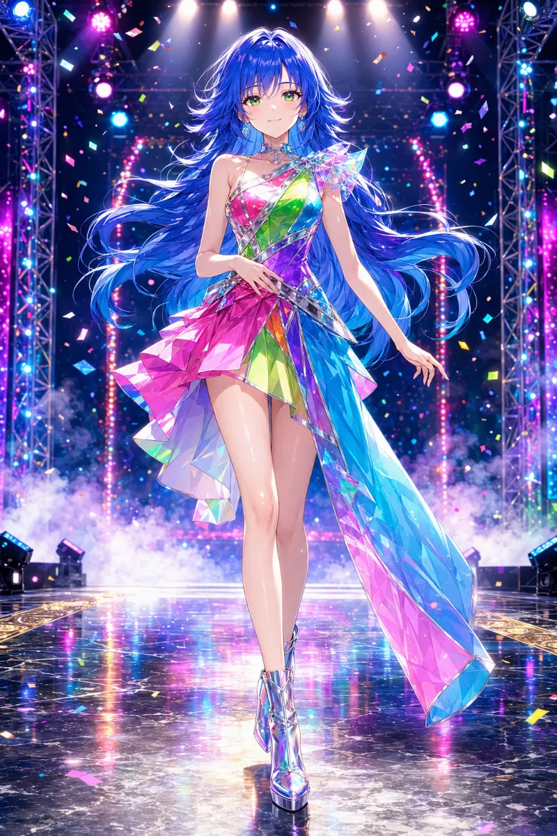 カラーライトと紙吹雪のランウェイのAIイラスト｜ファッションショーのプロンプト紹介