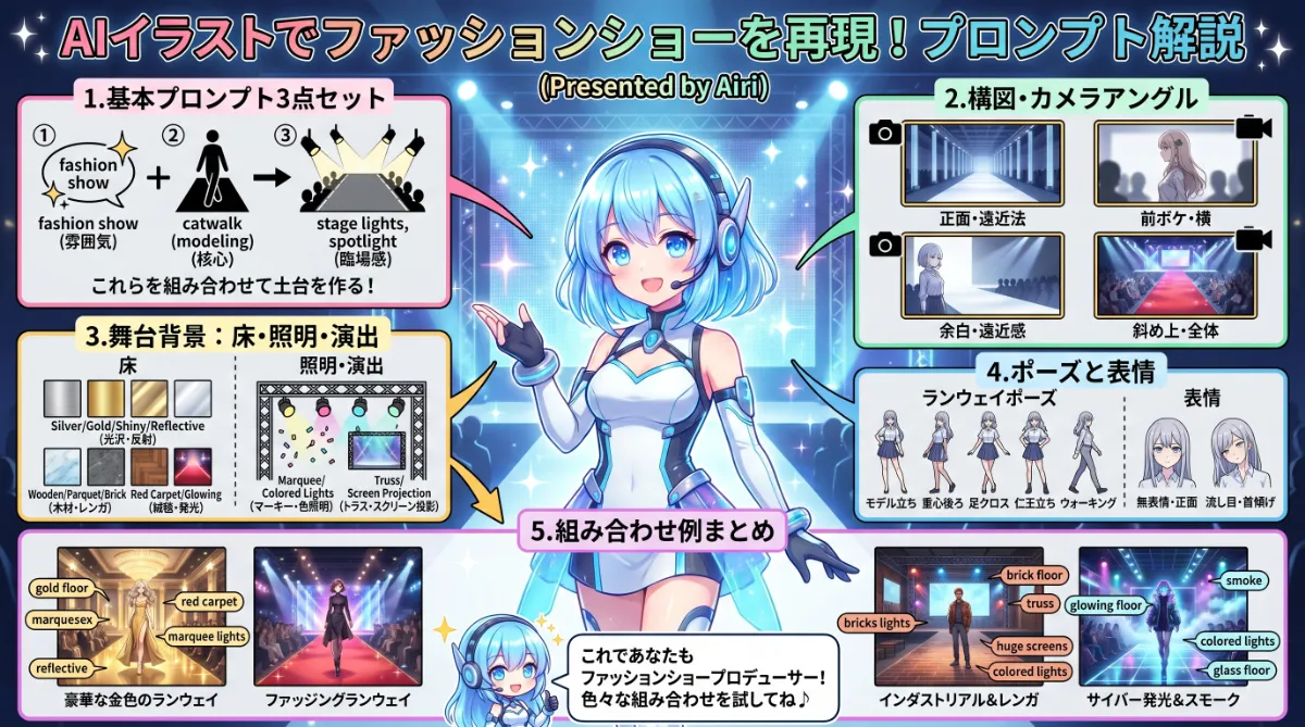 ファッションショーのプロンプト【AIイラスト】のまとめ用の図解イラスト