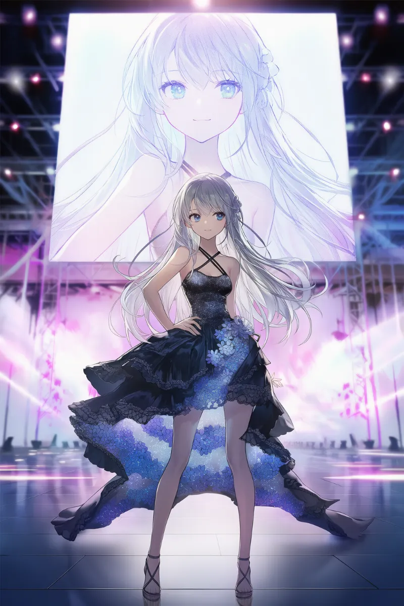 ファッションショーのランウェイを歩く美少女のAIイラスト作例