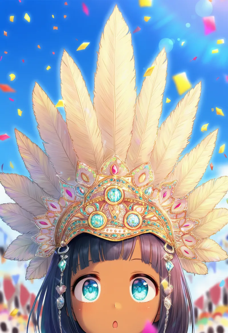 頭の大量の羽根飾りのAIイラスト（サンバ衣装）｜プロンプト紹介