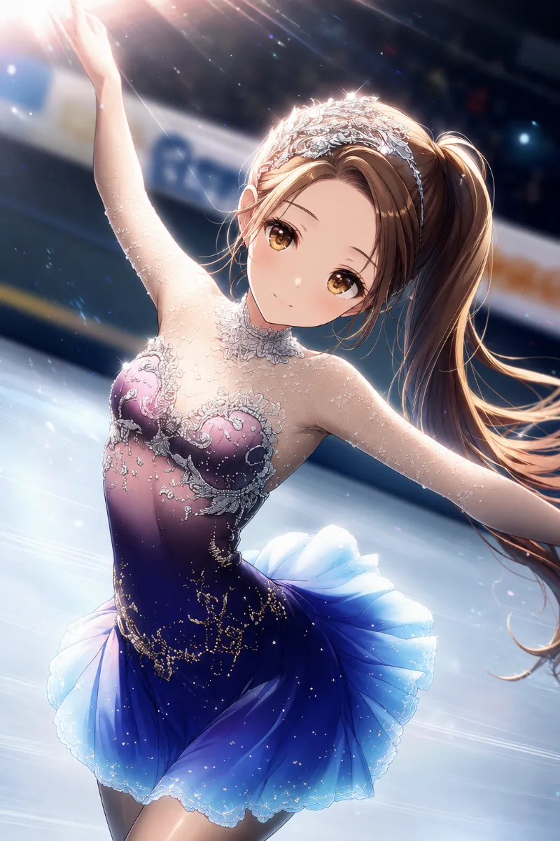 フィギュアスケートをする美少女のAIイラストの作例（豪華なスパンコール付きスケート用ドレス）