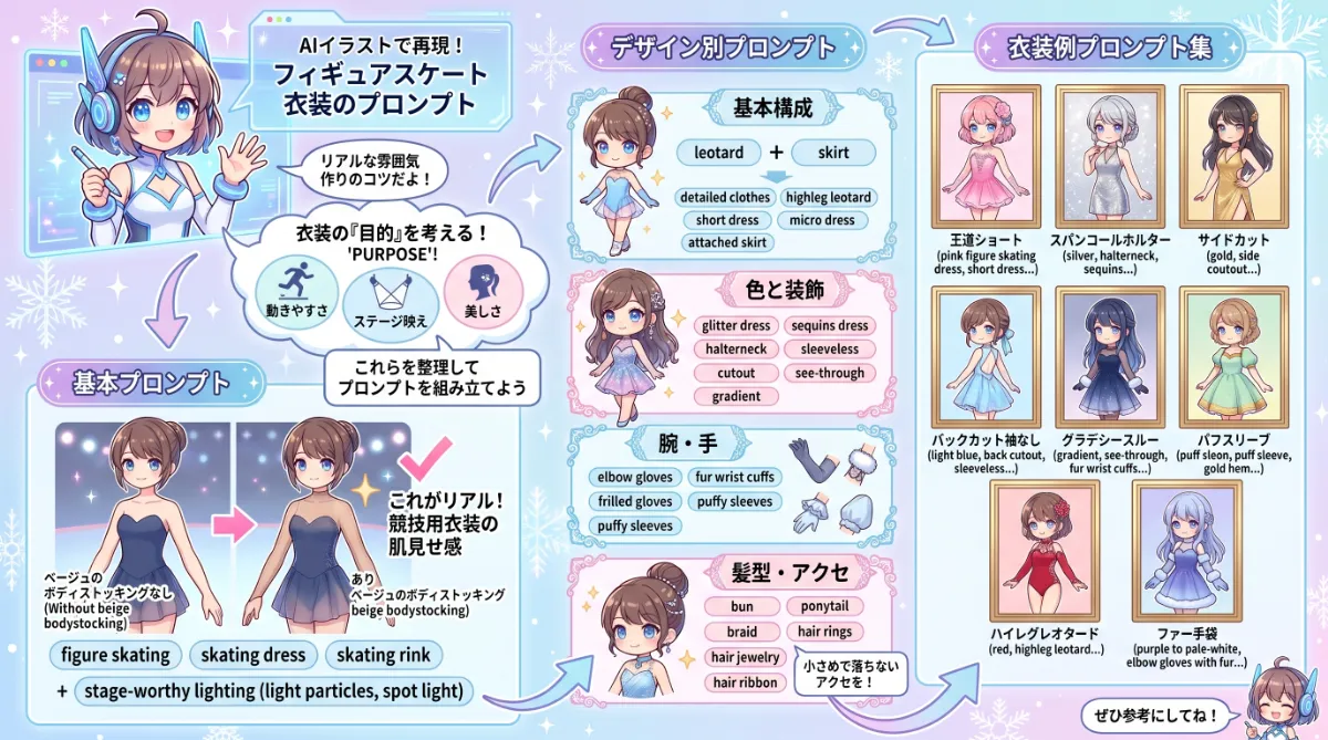 フィギュアスケート衣装のプロンプト【AIイラスト】のまとめ用の図解イラスト（グラレコ）