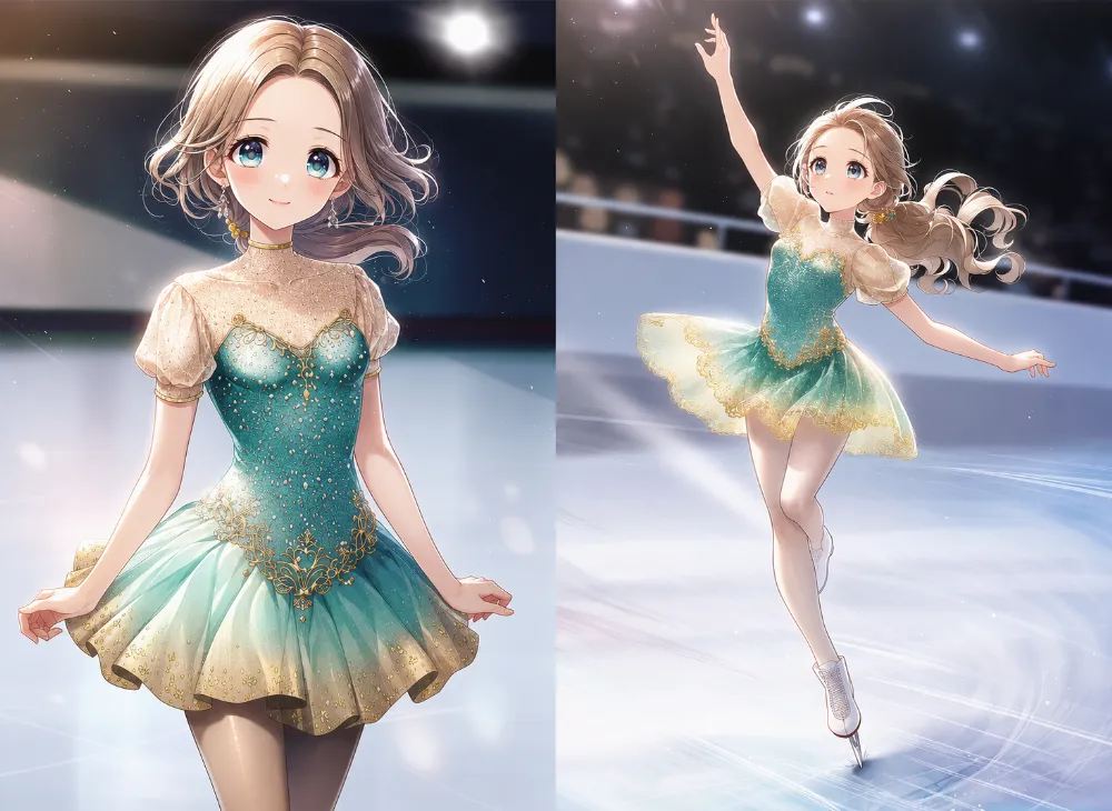 パフスリーブ・ロマンティックドレスのAIイラスト｜フィギュアスケート用デザイン