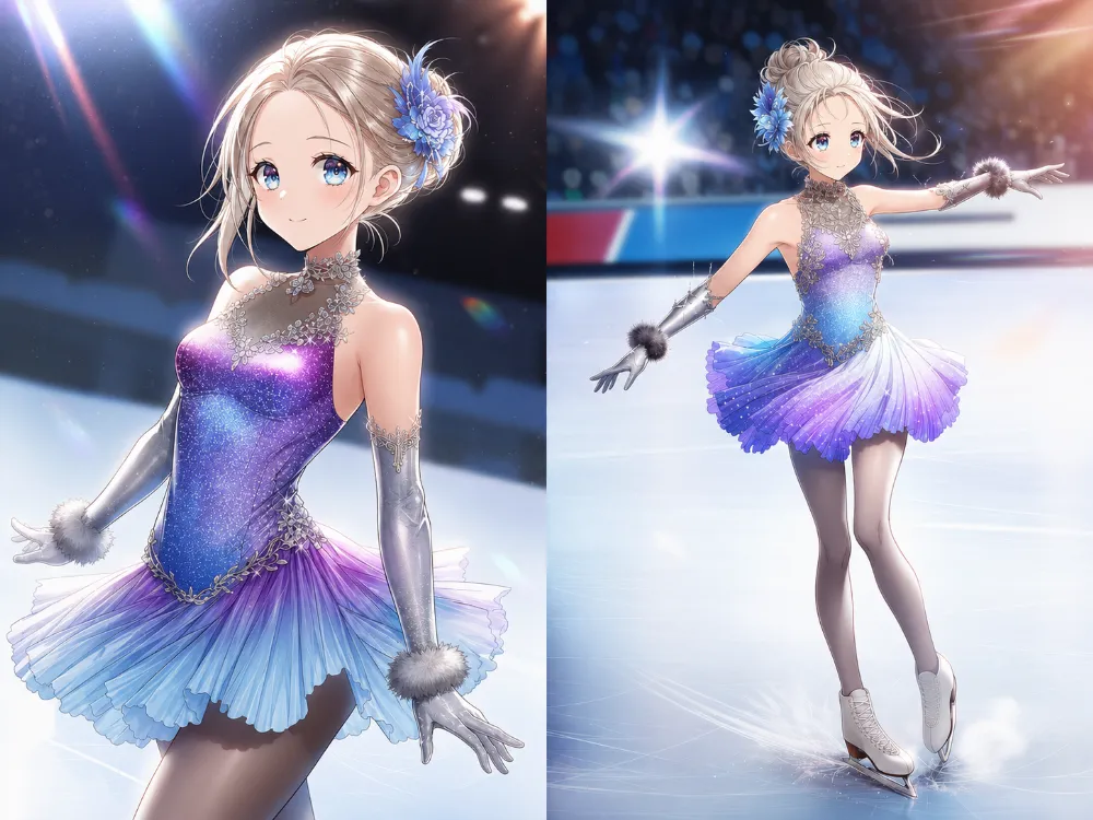 ファー付きリストカフ＆グローブドレスのAIイラスト｜フィギュアスケート用デザイン