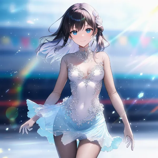 フィギュアスケート用ドレスのAIイラスト｜プロンプト：figure skating dress, beige bodystocking