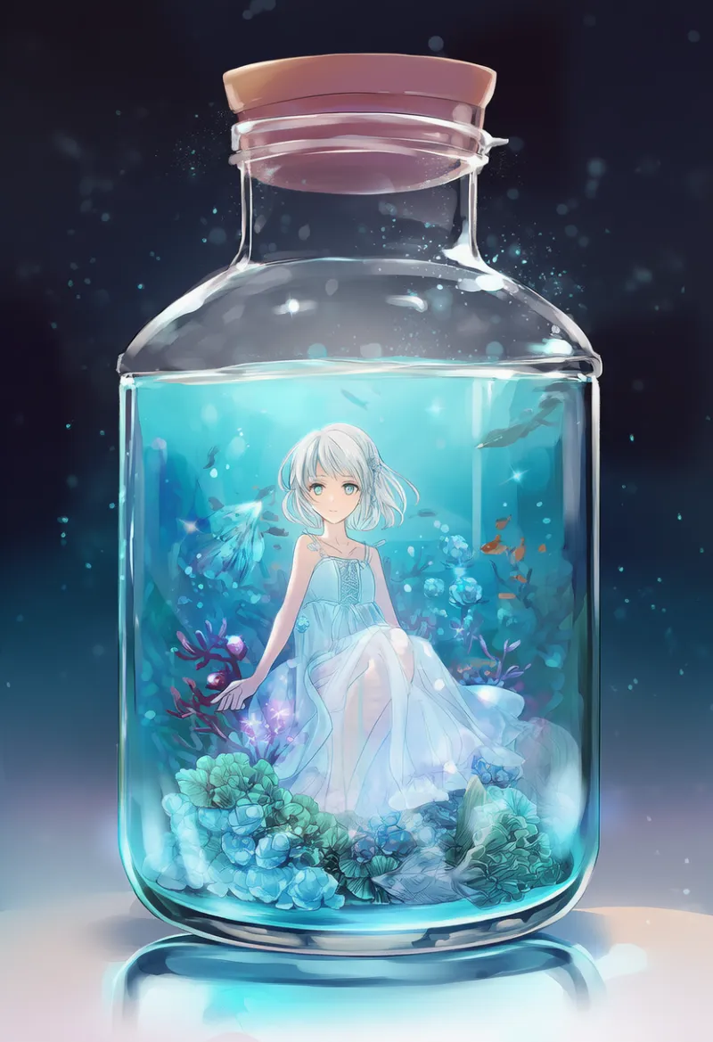 水槽の中に閉じ込められるシーンのAIイラスト｜プロンプト紹介