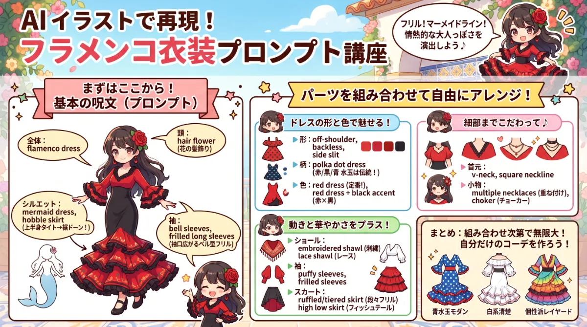フラメンコ衣装のプロンプト集【AIイラスト】のまとめ用の図解イラスト（グラレコ）