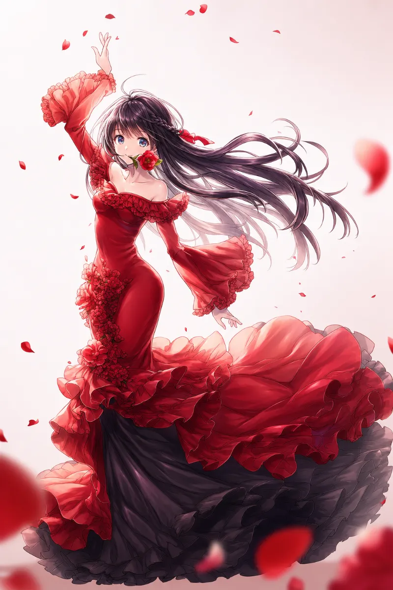 フラメンコ衣装でフラメンコを踊る美少女のAIイラスト作例