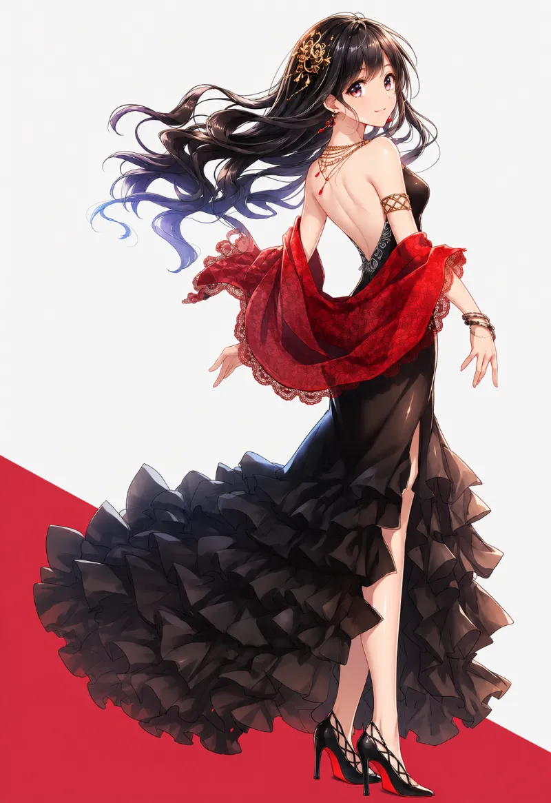 黒系フラメンコ衣装（バックレス＆レース）のAIイラスト作例｜プロンプト紹介