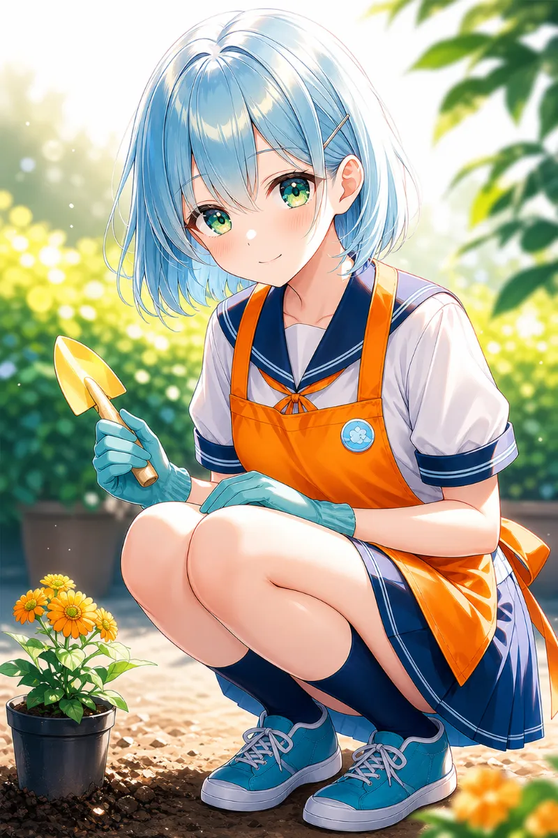 ガーデニングをしている美少女のAIイラスト作例