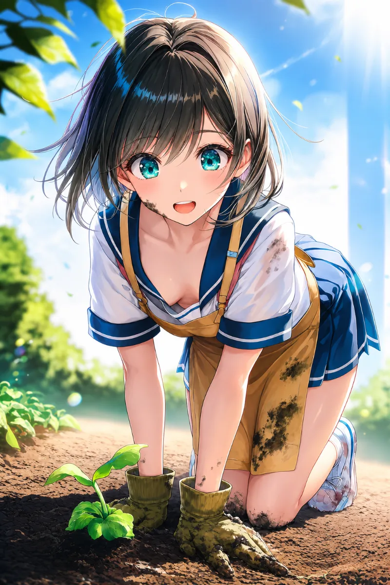 土を掘る前屈みポーズのAIイラスト（ガーデニング）作例