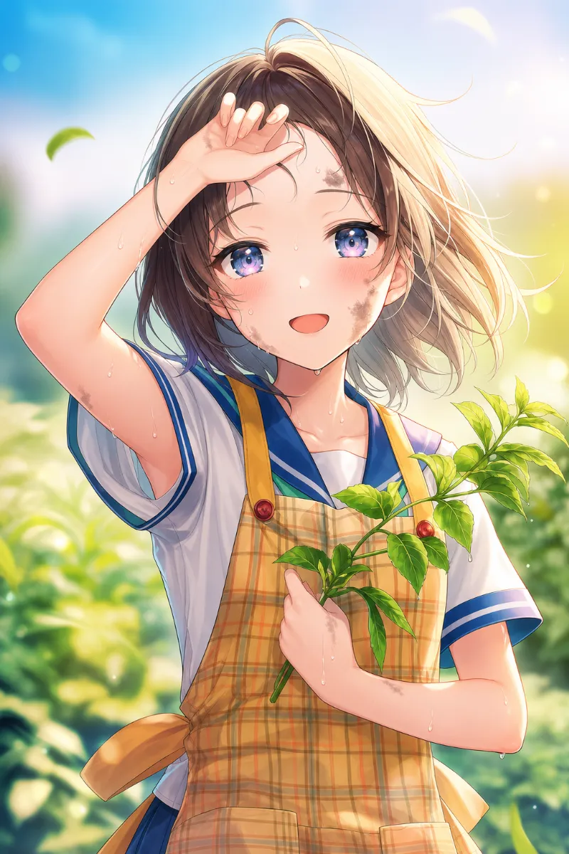 汗を拭く上半身ポーズのAIイラスト（ガーデニング）作例