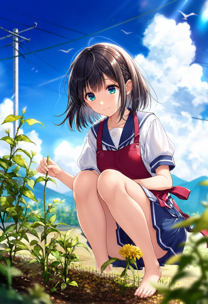 収穫中のしゃがみポーズのAIイラスト（ガーデニング）作例