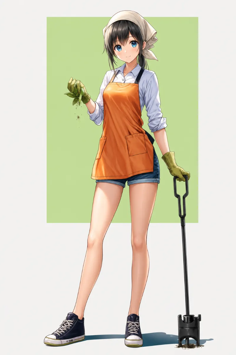軽快なショートパンツ作業スタイルのAIイラスト（ガーデナーファッション）