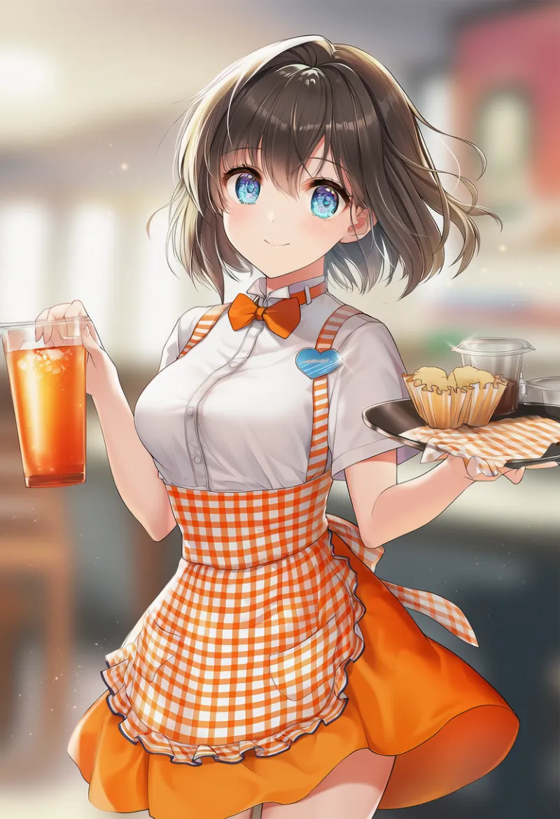 ギンガムチェックエプロンのAIイラスト（ダイナー衣装）｜プロンプト紹介