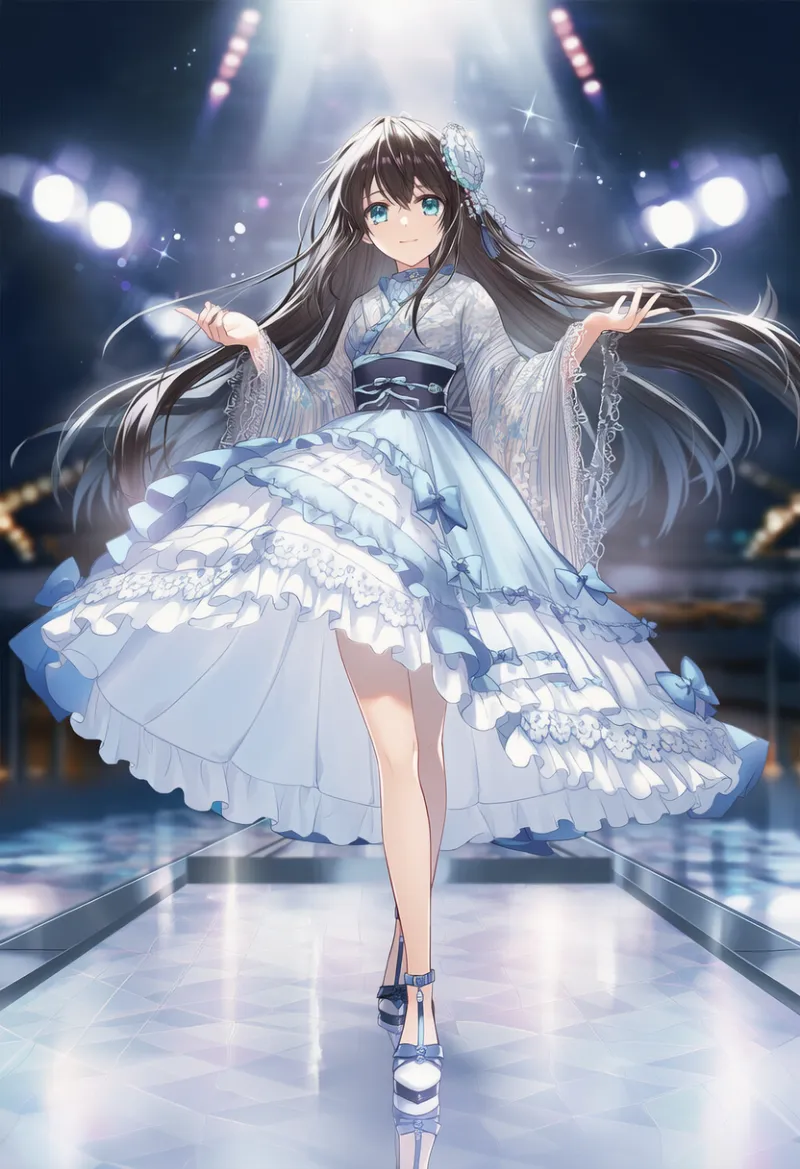 ガラスの床のAIイラスト｜ファッションショー・ランウェイのプロンプト紹介
